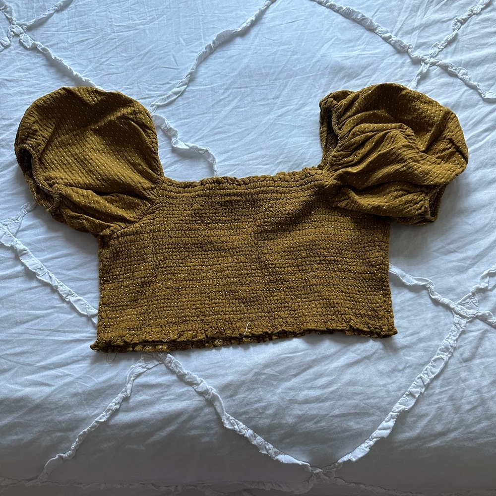 Textured Mustard Puff Sleeve Crop Top